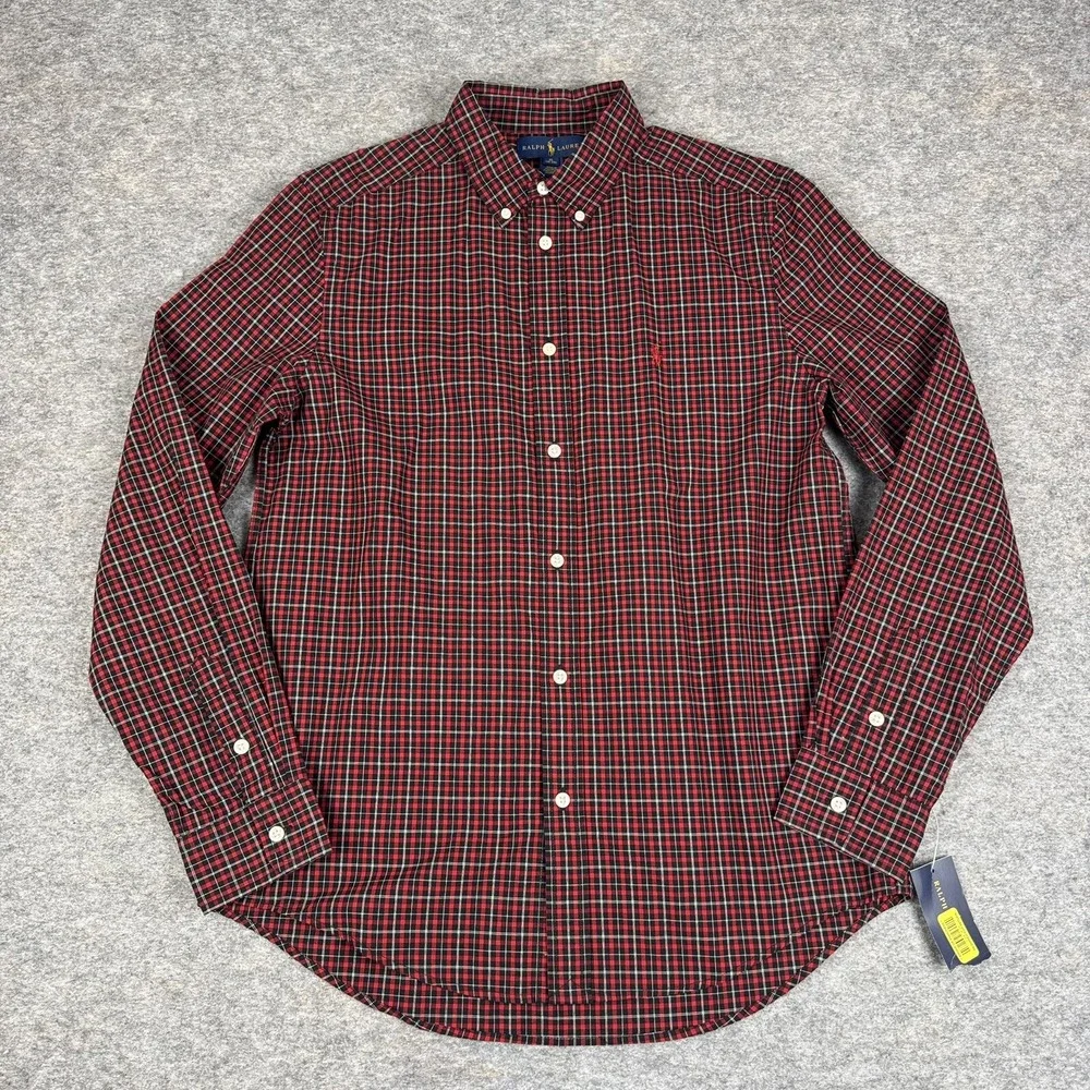 Ralph Lauren Button Down Shirt Long Sleeve Plaid Red Black Boys XL
